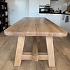 Eiken tafelblad - ronde hoeken - 6 cm dik - 2-laags rondom opgedikt - rustiek eikenhout (B/C) - verlijmd, brede (XL) lamel - 60 mm