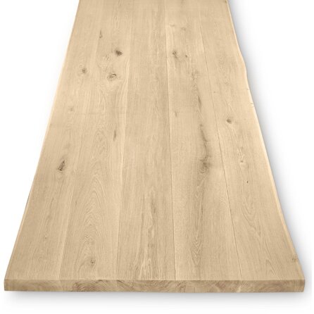 Eiken tafelblad - boomstam rand - geborsteld - 4,5 cm dik - rustiek eikenhout (B/C) - verlijmd, 4-6 XL lamellen met V-groef - 45 mm