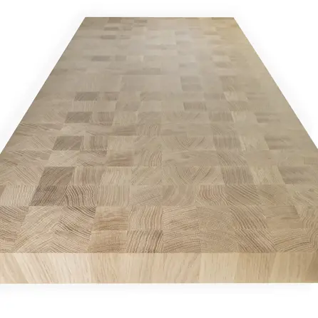 Eiken kops blad - op maat - 6 cm dik - foutvrij eikenhout (A/B) - blokjes van 4,3x4,6x6 cm - kops verlijmd paneel - 60 mm Eiken kops blad - op maat - 6 cm dik - foutvrij eikenhout (A/B) - blokjes van 4,3x4,6x6 cm - kops verlijmd paneel - 60 mm