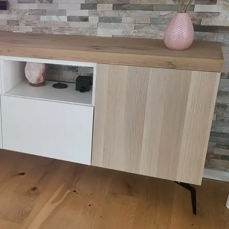 Eiken blad - op maat - 6 cm dik - 3-laags opgedikt (hol) - rustiek eikenhout (B/C) - verlijmd paneel, smalle lamel - 60 mm Eiken blad - op maat - 6 cm dik - 3-laags opgedikt (hol) - rustiek eikenhout (B/C) - verlijmd paneel, smalle lamel - 60 mm