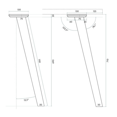 Eiken tafelpoten taps - rustiek - 3 stuks -  4,5x5 tot 7 cm - hoogte: 71 cm - (eet)tafel poten - (eetkamer)tafel - rustiek eikenhout (B/C)