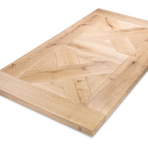 Eiken tafelblad - kruis + dwarse lamel - 4,5 cm - rustiek - geborsteld - XL lamel + V-groef