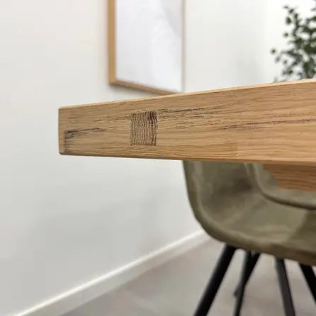 Eiken tafelblad - kruis + dwarse lamel- 4,5 cm dik - rustiek eikenhout (B/C) - geborsteld, verlijmd, XL lamel met V-groef - 45 mm