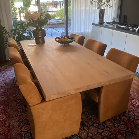 Eiken tafelblad - op maat - 6 cm dik - 2-laags rondom opgedikt - rustiek eikenhout (B/C) - verlijmd, smalle lamel - 40 mm