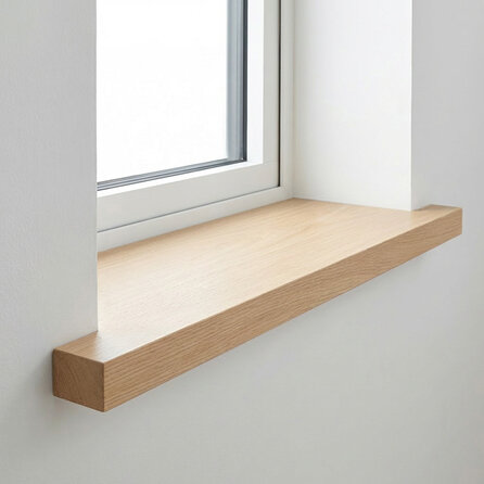Eiken overzet vensterbank - op maat - 2 cm dik - met verlijmde 4x4 cm rand - foutvrij eikenhout (A/B), verlijmd - 20 mm