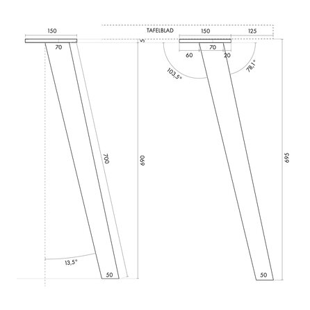 Eiken tafelpoten taps - per SET (4 stuks) -  4,5x5 tot 7 cm - hoogte: 69,5 cm - (eet)tafel poten - (eetkamer)tafel - rustiek eikenhout (B/C)