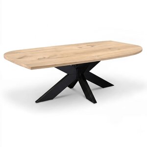 Eiken eettafel - diagonaal rond-haaks - op maat - 2,7 cm - rustiek - met brede lamel Eiken eettafel - diagonaal rond-haaks - op maat - 2,7 cm - rustiek - met brede lamel
