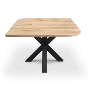 Eiken eettafel - diagonaal rond-haaks - vierkant - 2,7 cm - rustiek - met brede lamel Eiken eettafel - diagonaal rond-haaks - vierkant - 2,7 cm - rustiek - met brede lamel