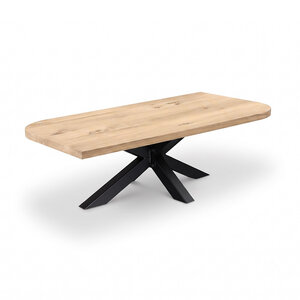 Eiken salontafel - diagonaal rond-haaks - op maat - 4 cm - rustiek - met brede lamel Eiken salontafel - diagonaal rond-haaks - op maat - 4 cm - rustiek - met brede lamel