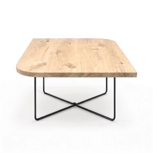 Eiken salontafel - diagonaal rond-haaks - vierkant - 2,7 cm - rustiek - met brede lamel Eiken salontafel - diagonaal rond-haaks - vierkant - 2,7 cm - rustiek - met brede lamel