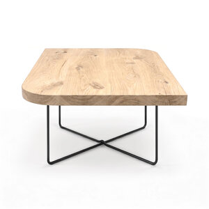 Eiken salontafel - diagonaal rond-haaks - vierkant - 4 cm - rustiek - met brede lamel Eiken salontafel - diagonaal rond-haaks - vierkant - 4 cm - rustiek - met brede lamel