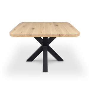 Eiken eettafel - ronde hoeken - vierkant - 4 cm - rustiek - met brede lamel Eiken eettafel - ronde hoeken - vierkant - 4 cm - rustiek - met brede lamel