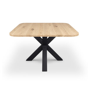 Eiken eettafel - ronde hoeken - vierkant - 2,7 cm - rustiek - met brede lamel Eiken eettafel - ronde hoeken - vierkant - 2,7 cm - rustiek - met brede lamel