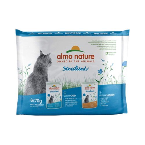 Almo Nature Sterilised Natvoer Kat - Multi Pack - Zakjes met Kabeljauw en Kip - 10 x 6 x 70g