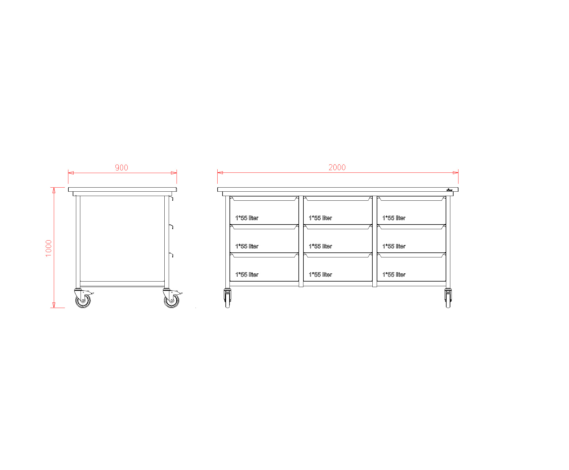 van 't Wout Stainless steel workbench 200 x 90 x 100 - 9 drawers 55 liters