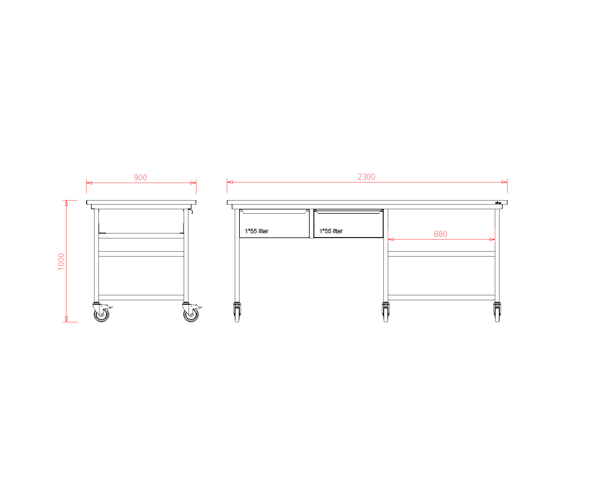 van 't Wout Stainless steel workbench 230 x 90 x 100 cm - 2 drawers and platforms