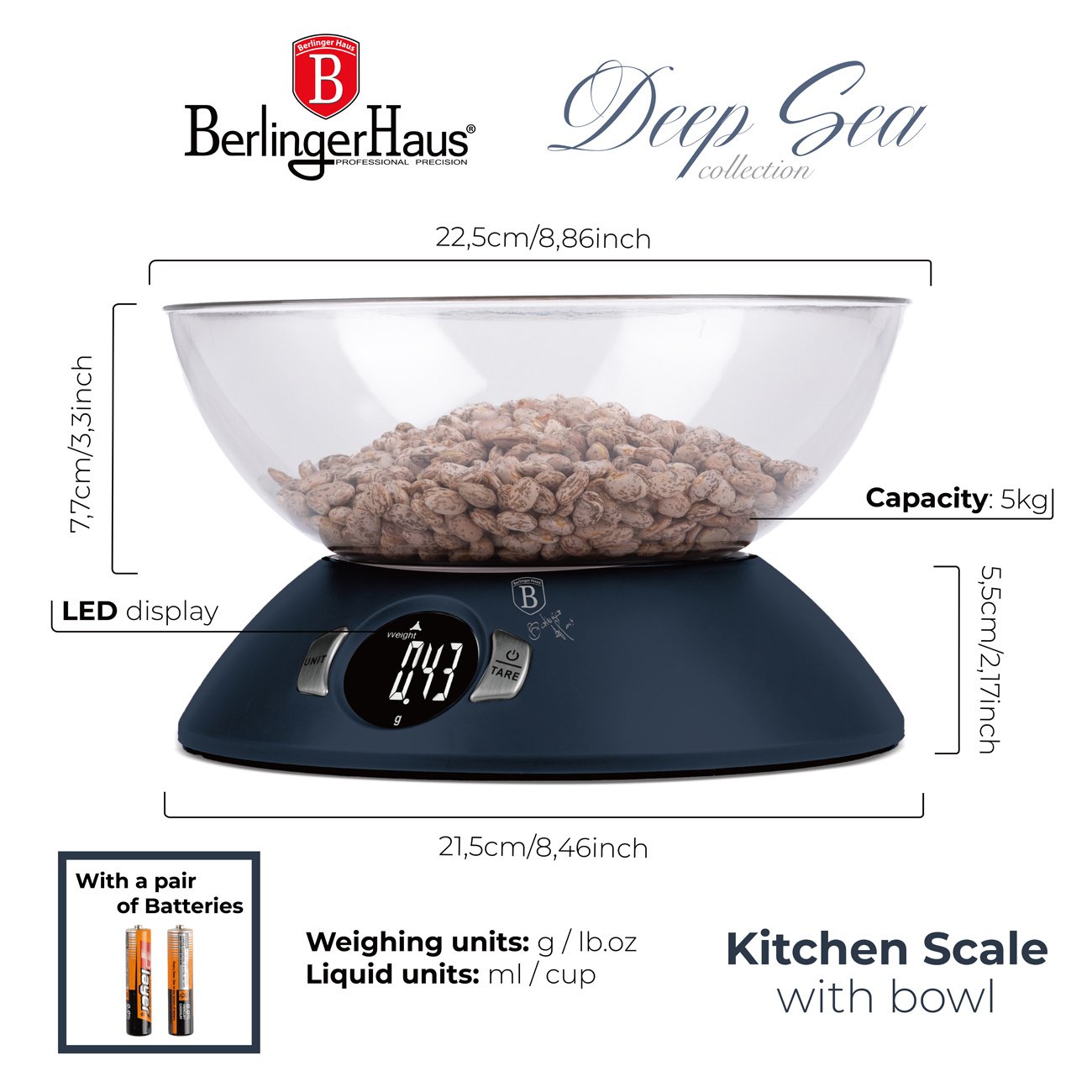 Berlinger Haus Berlinger Haus Digital kitchen scale with bowl - matt blue