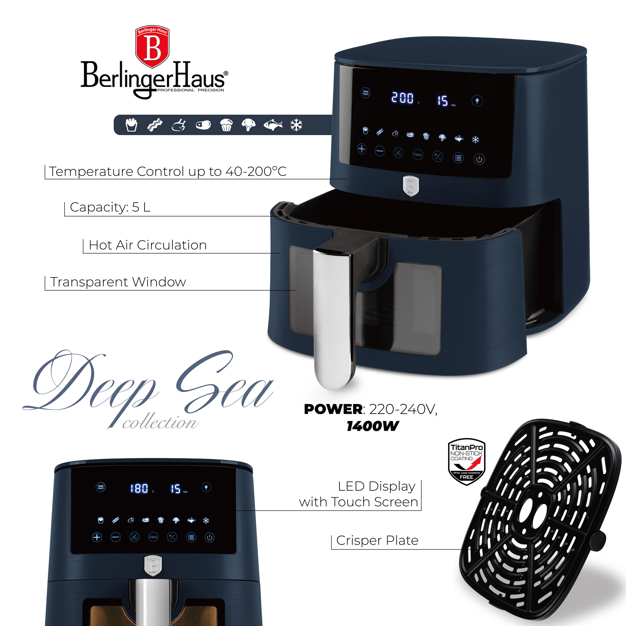 Berlinger Haus Berlinger Haus Airfryer XL - 5 liter - Mat blauw