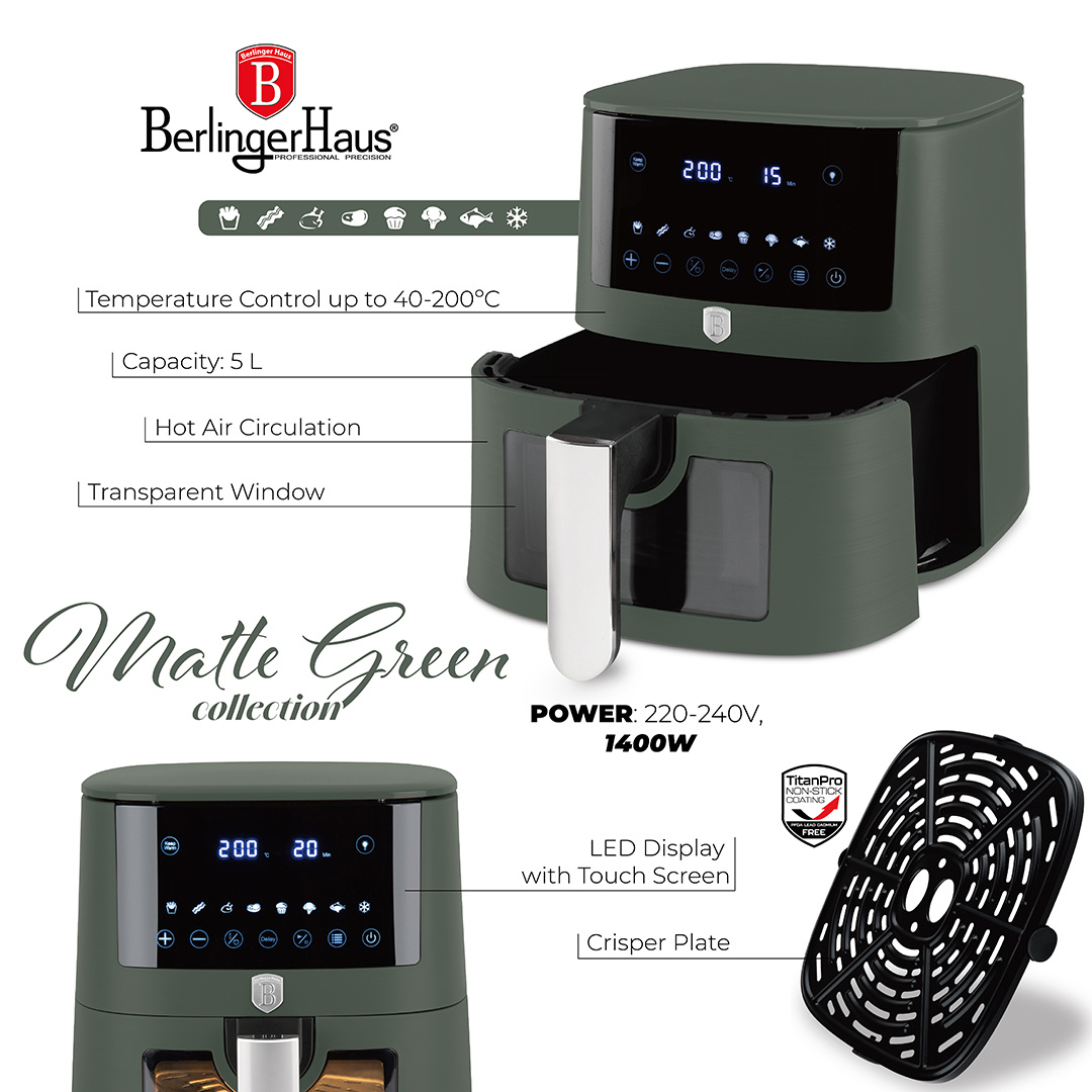 Berlinger Haus Berlinger Haus Airfryer XL - 5 liter - Mat groen