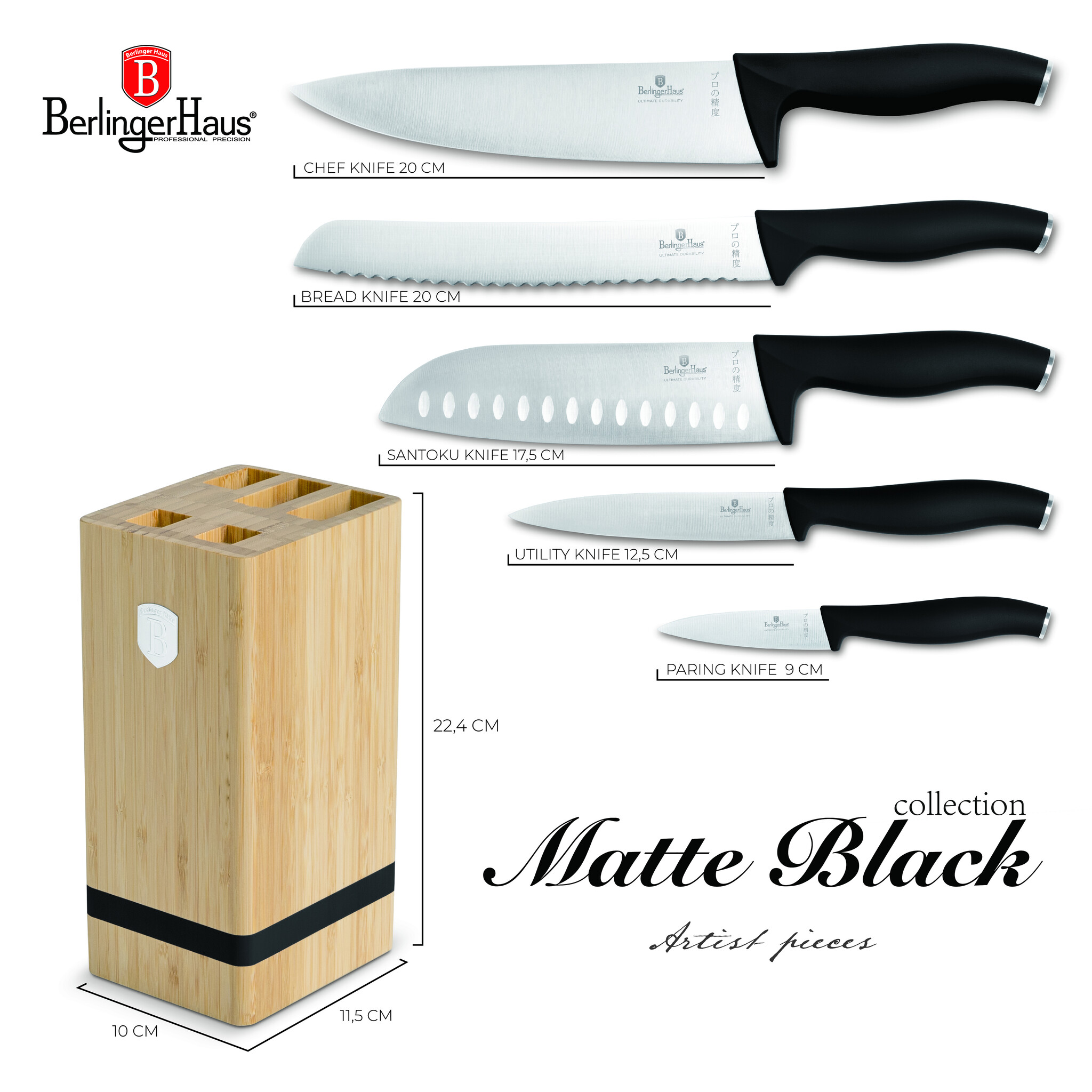 Berlinger Haus Berlinger Haus - Messenset met bamboe blok - Mat zwart