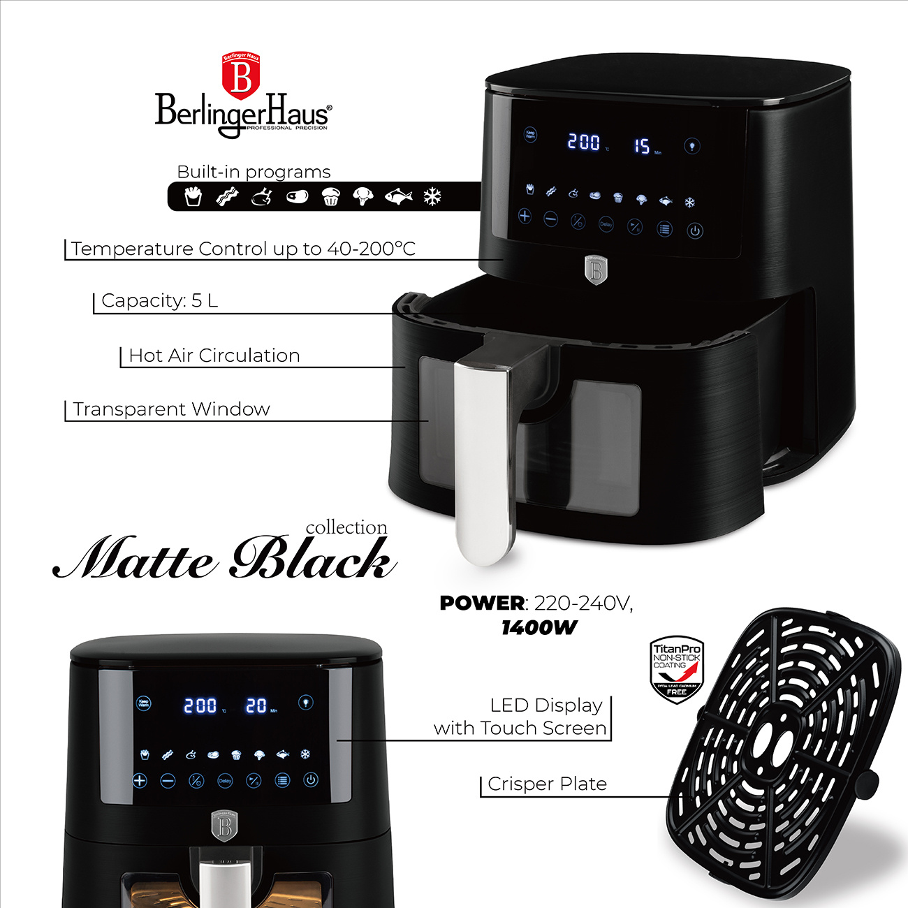 Berlinger Haus Berlinger Haus Airfryer XL / Heißluftfritteuse - 8 Liter - Mattschwarz