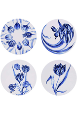 Heinen Delfts Blauw Onderzetters Vrolijke Tulpen set van 4 - Heinen Delfts Blauw