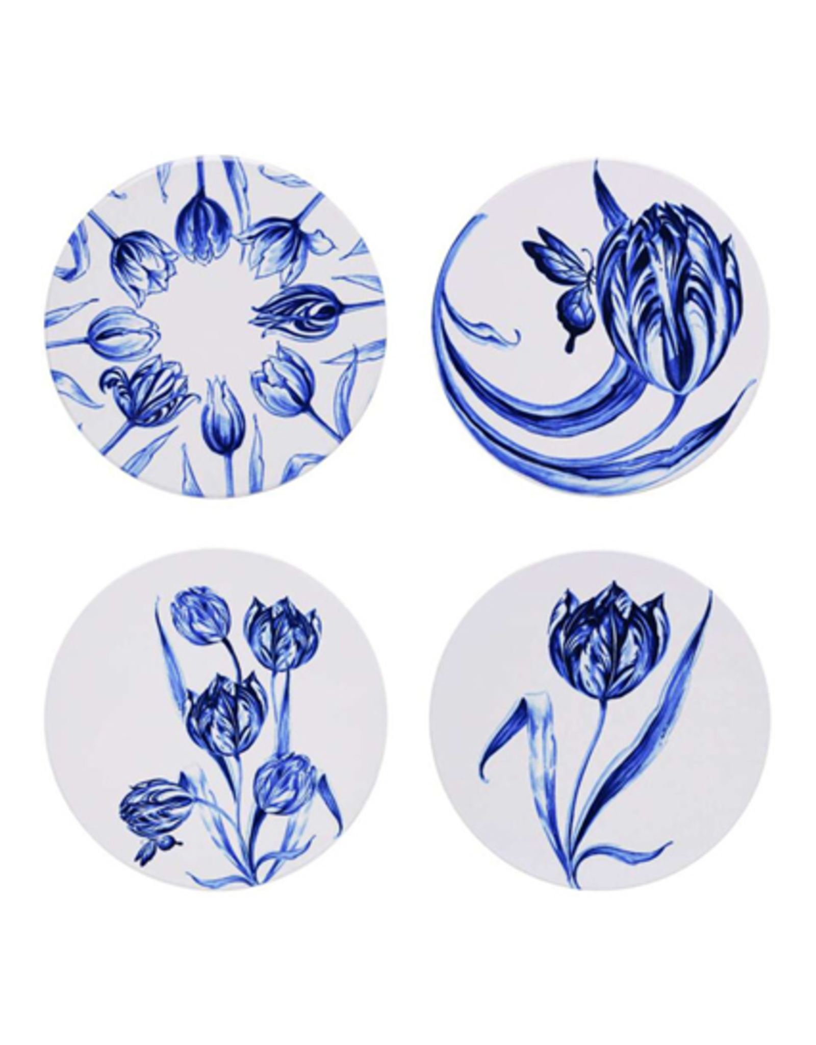 Heinen Delfts Blauw Onderzetters Vrolijke Tulpen set van 4 - Heinen Delfts Blauw