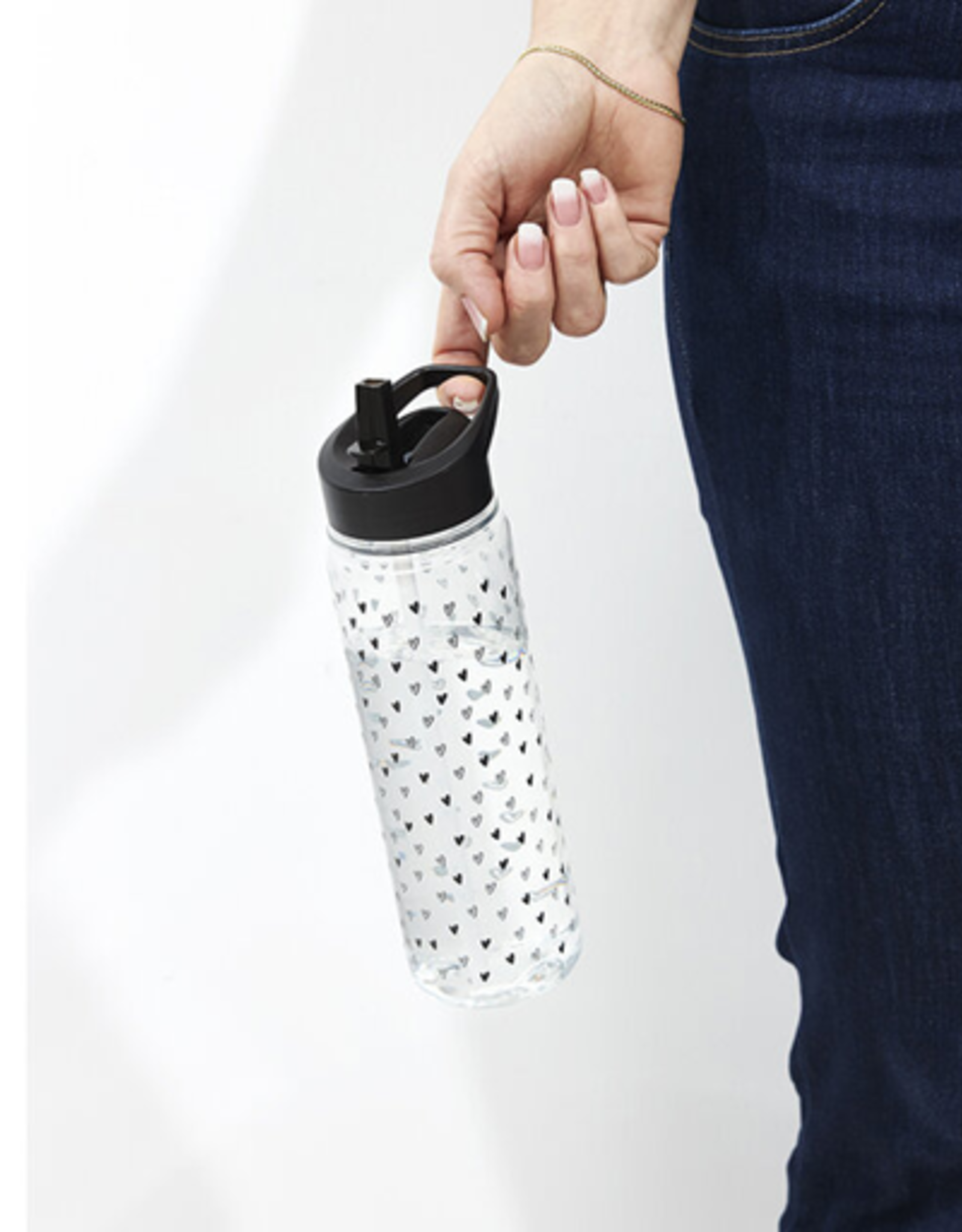 Zoedt Drinkfles met rietje zwart - transparant met hartjes patroon - Zoedt