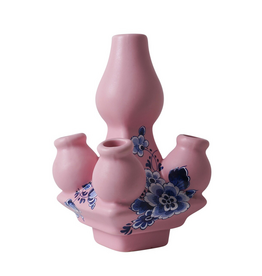 Heinen Delfts Blauw Tulpenvaas Stapelgekte Roze met Bloem Top 15cm - Heinen Delfts Blauw