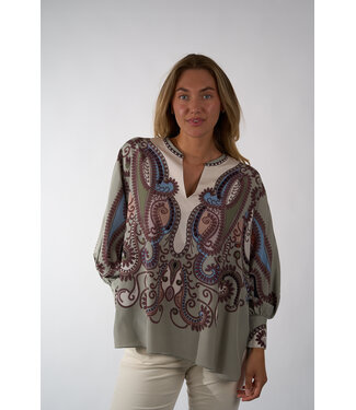 IVI IVI CRYSTAL PAISLEY TUNIC BLOUSE OLIVE