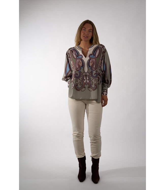IVI CRYSTAL PAISLEY TUNIC BLOUSE OLIVE