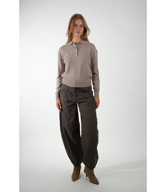 SECOND FEMALE LONGO KNIT LS COLLAR MID BROWN MELANGE