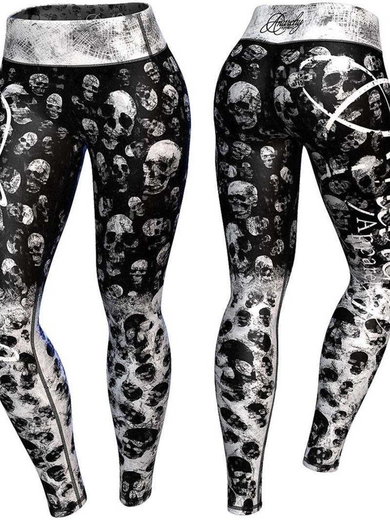 Fitness Legging met koord - Zwart/wit Schedels Print - Anarchy Apparel - Missfits