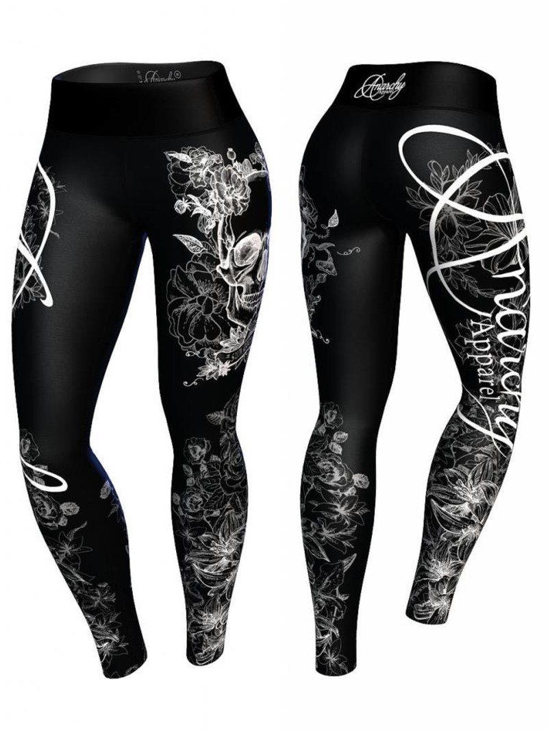 Fitness Legging met koord - Zwart/Wit schedels en bloemen print - Anarchy Apparel - Vaenity