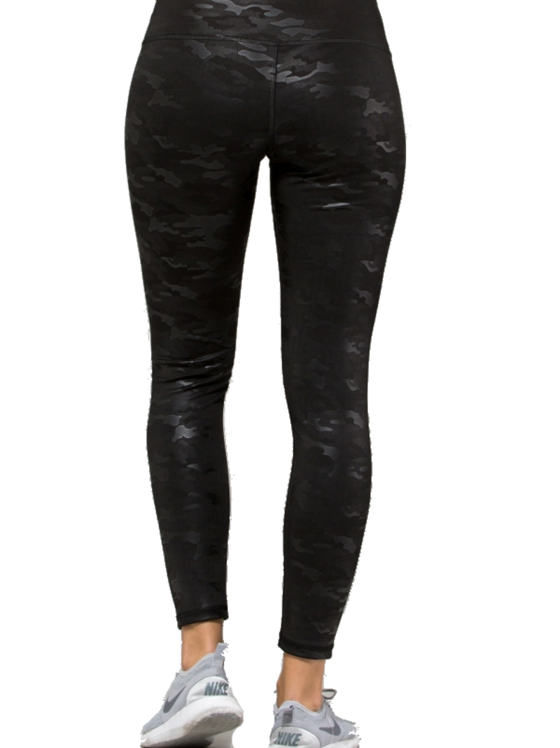 Zwarte shiny camouflage legging met lage taille.