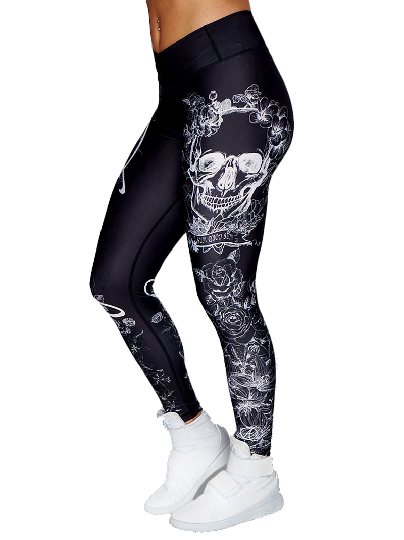 Fitness Legging met koord - Zwart/Wit schedels en bloemen print - Anarchy Apparel - Vaenity