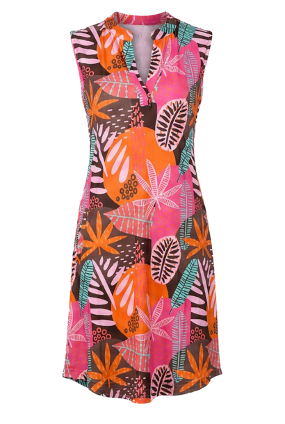 Jurk 1622 fuchsia oranje bladprint