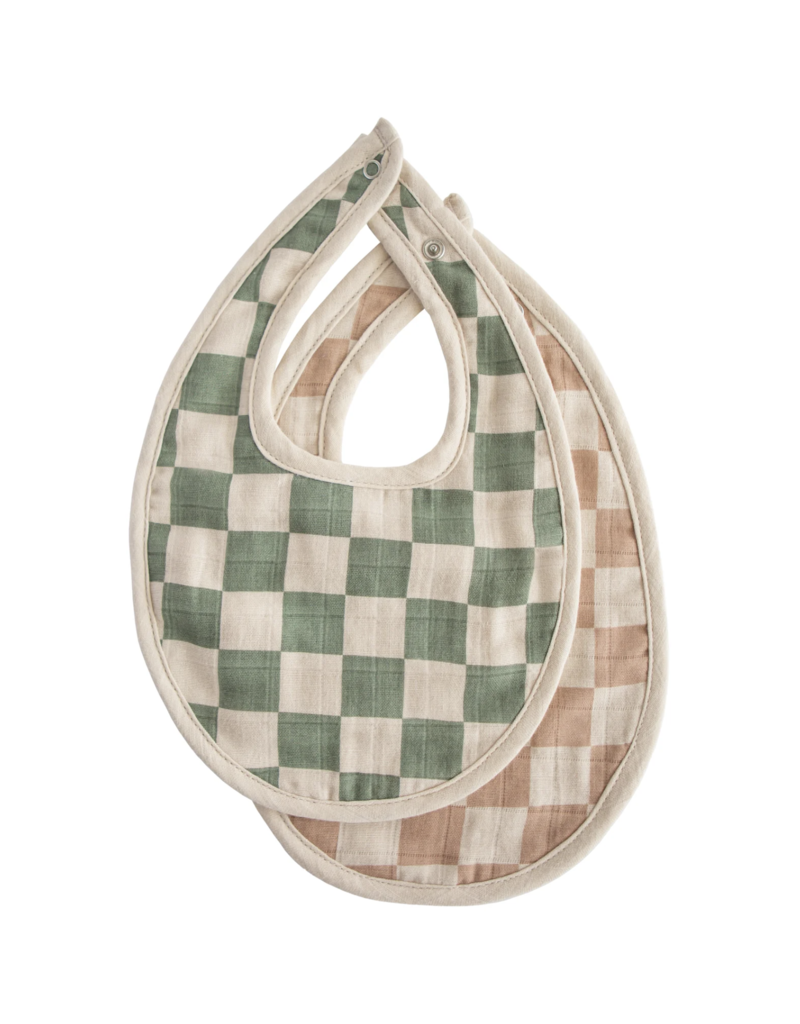 Mushie Mushie Muslin Bib 2 pack - Olive Check/Natural Check