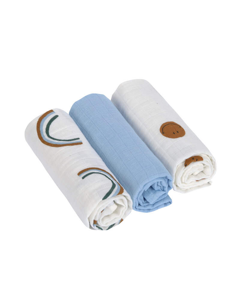 Lassig Lassig swaddle & burp blanket happy rascals Smile sky blue 3-pack  60x60