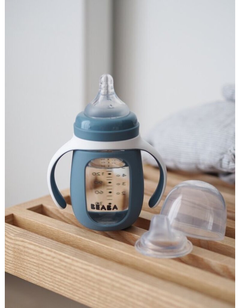 Béaba Beaba 2-in-1 glazen meegroeifles + siliconen hoes Windy blue