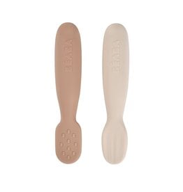 Béaba Beaba Set van 2 siliconen oefenlepels Clay/Praline