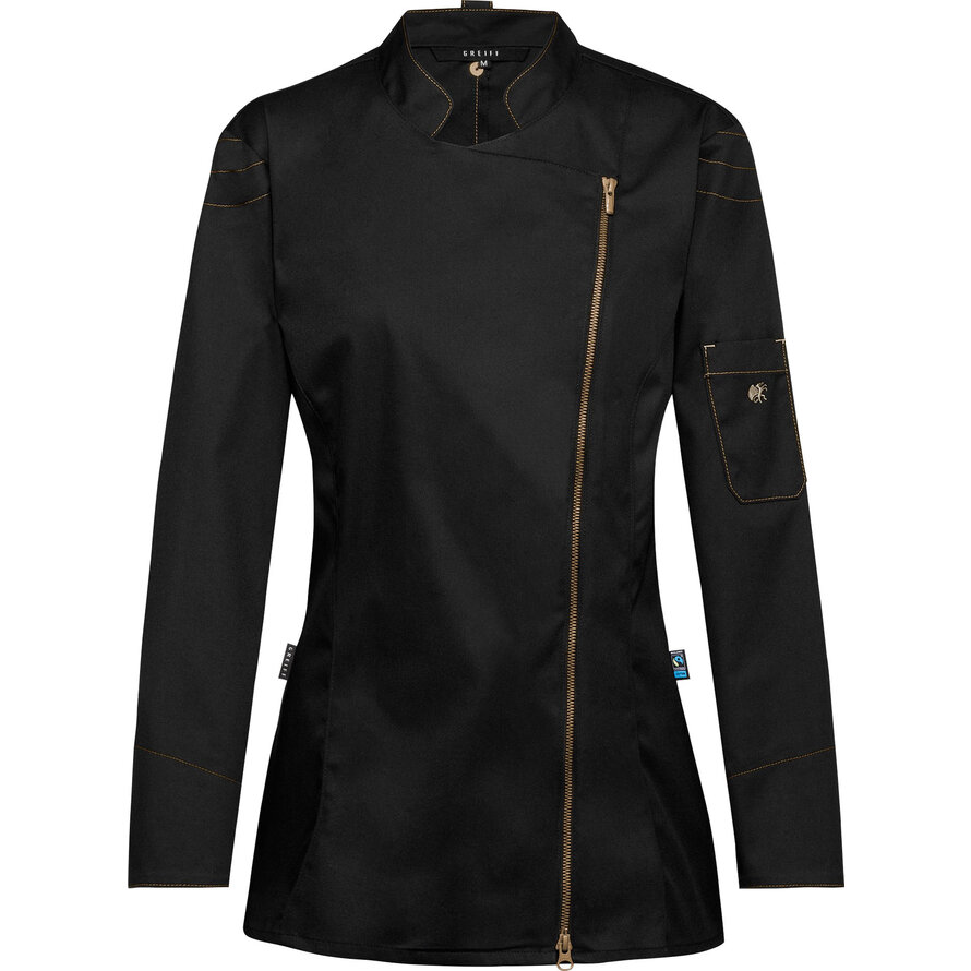 Kochjacke Damen, Kontrast-RV gold-bronze , langarm, schwarz Gr. S