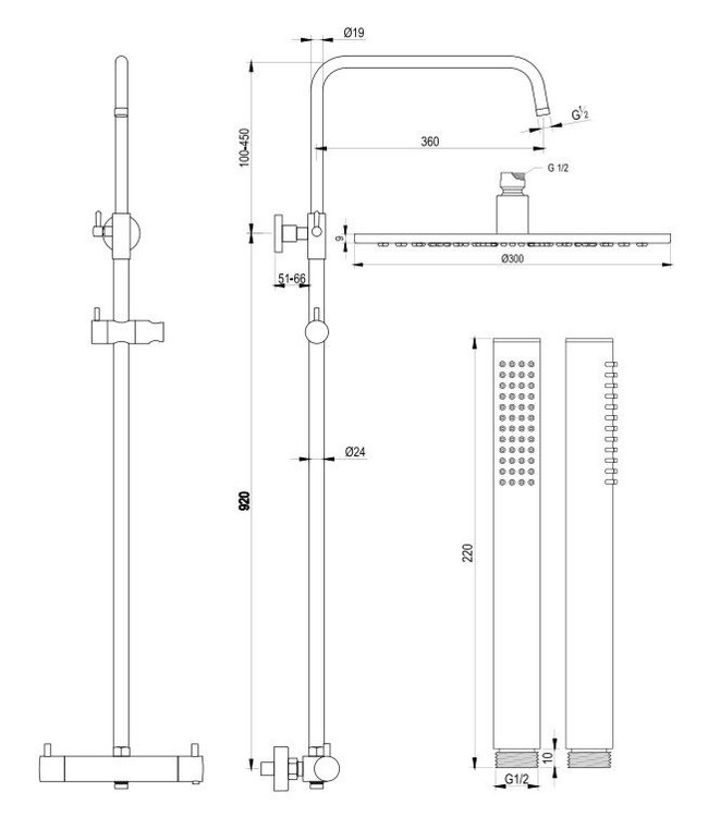 Brauer Carving set 1 en set 3 thermostatische opbouw regendoucheset met 20 of 30 cm. hoofddouche en staaf handdouche