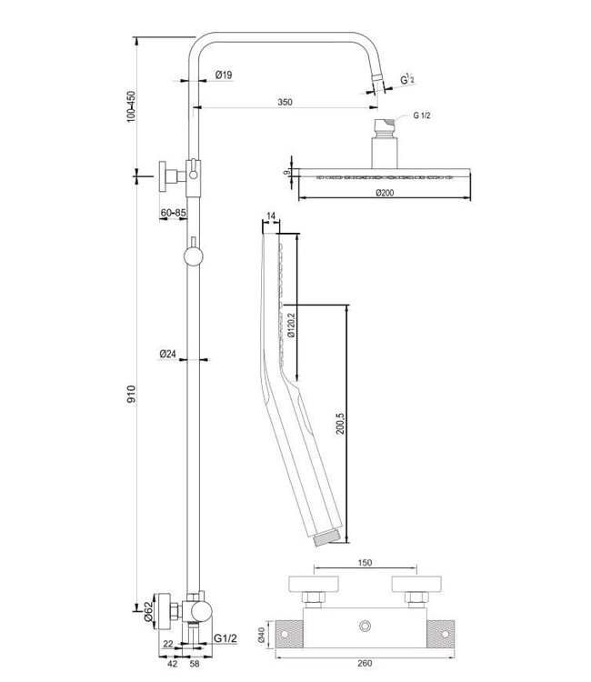 Brauer Carving set 2 en set 4 thermostatische opbouw regendoucheset met 20 of 30 cm. hoofddouche en 3 standen handdouche
