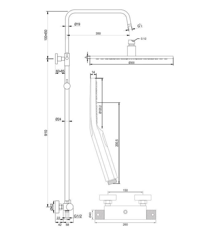 Brauer Carving set 2 en set 4 thermostatische opbouw regendoucheset met 20 of 30 cm. hoofddouche en 3 standen handdouche