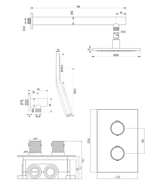 Brauer Carving set 31 thermostatische inbouw regendoucheset met 20 cm. hoofddouche, rechte uitloop en 3 standen handdouche