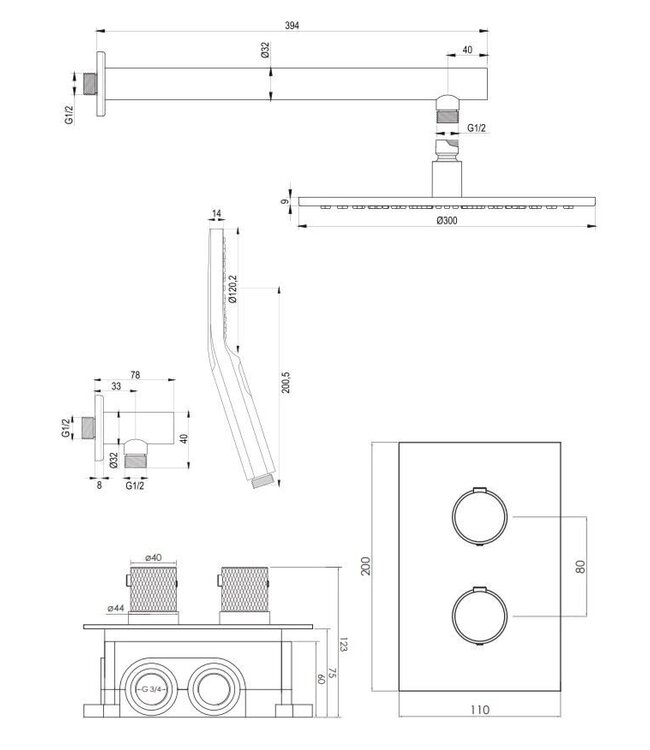 Brauer Carving set 32 thermostatische inbouw regendoucheset met 30 cm. hoofddouche, rechte uitloop en 3 standen handdouche