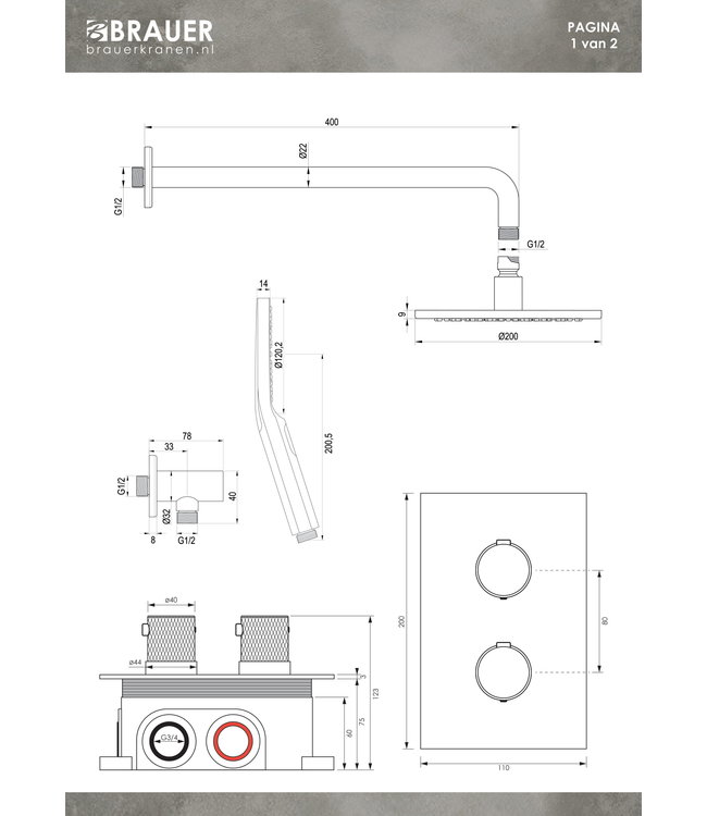 Brauer Carving set 33 thermostatische inbouw regendoucheset met 20 cm. hoofddouche, gebogen uitloop en 3 standen handdouche