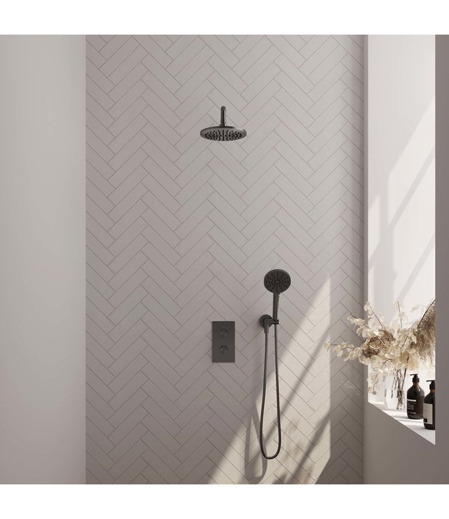 Brauer Carving set 33 thermostatische inbouw regendoucheset met 20 cm. hoofddouche, gebogen uitloop en 3 standen handdouche