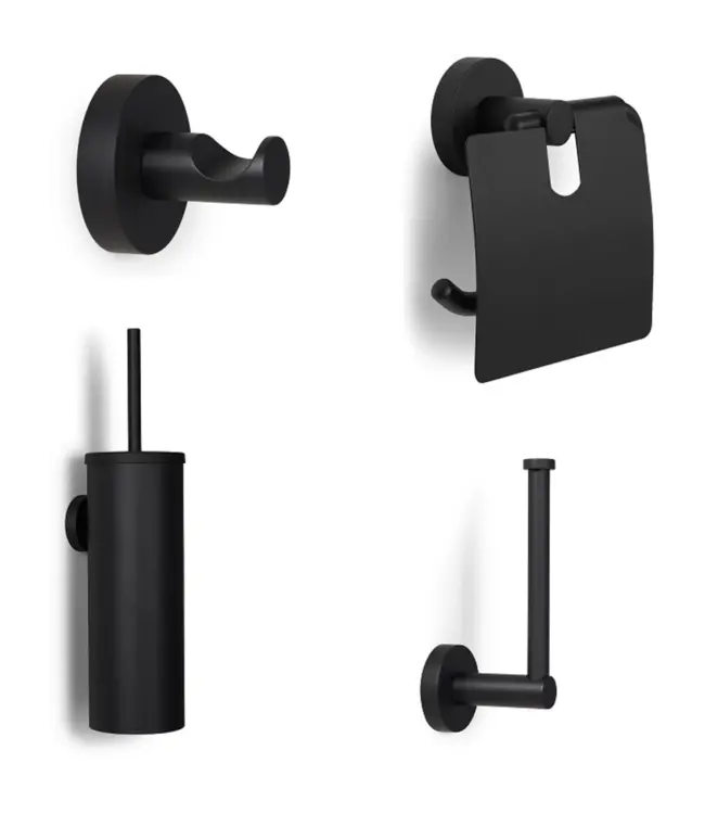 Blue Label Vida toiletset, toiletborstel, toiletrolhouder, reserverolhouder en haakje, zwart